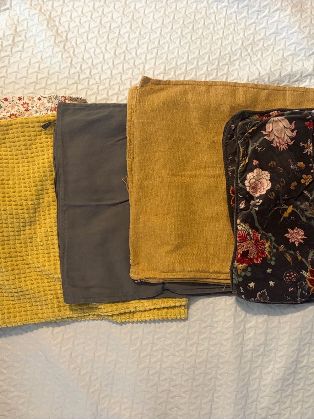 IKEA Accent Pillow Covers in Mustard Yellow, Charcoal Gray, and Floral Black